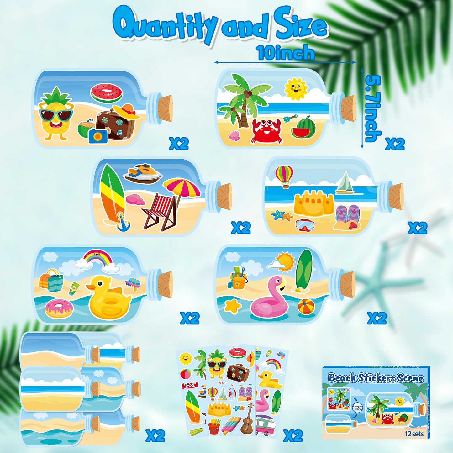 Cy2Side Summer Beach Stickers Scene - 12Pcs Summer Drifting Bottles Sticker Scene Art Craft For Kid Make Your Own Beach Sticker Scene With Pineapple Flamingo Diy Hawaii Party Game Class Fun Activities