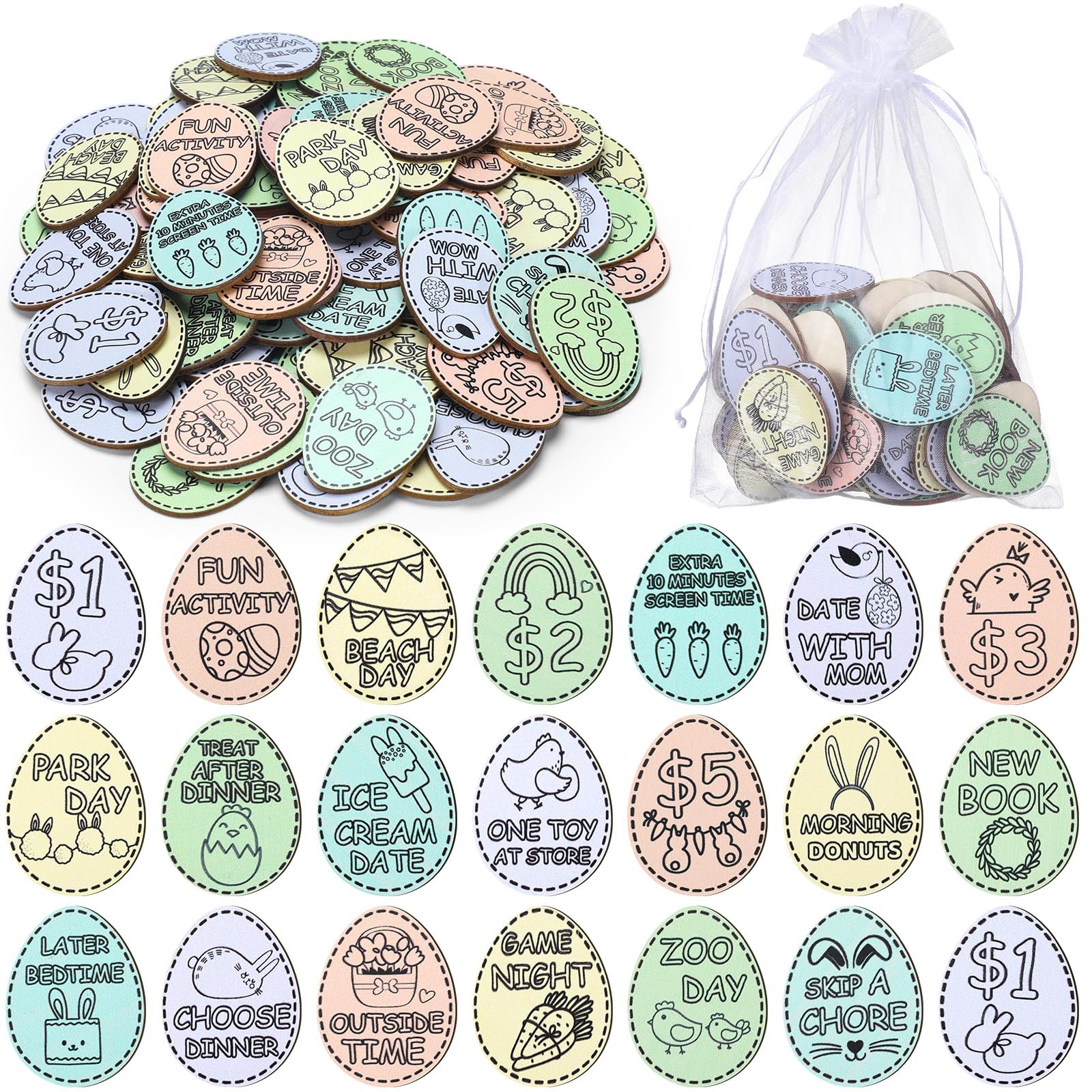124 Pcs Easter Egg Tokens Set Includes 120 Pcs Wood Easter Reward Tokens with 20 Different Engraved Sayings 4 Pcs Organza Bags E