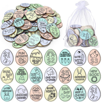 124 Pcs Easter Egg Tokens Set Includes 120 Pcs Wood Easter Reward Tokens with 20 Different Engraved Sayings 4 Pcs Organza Bags E