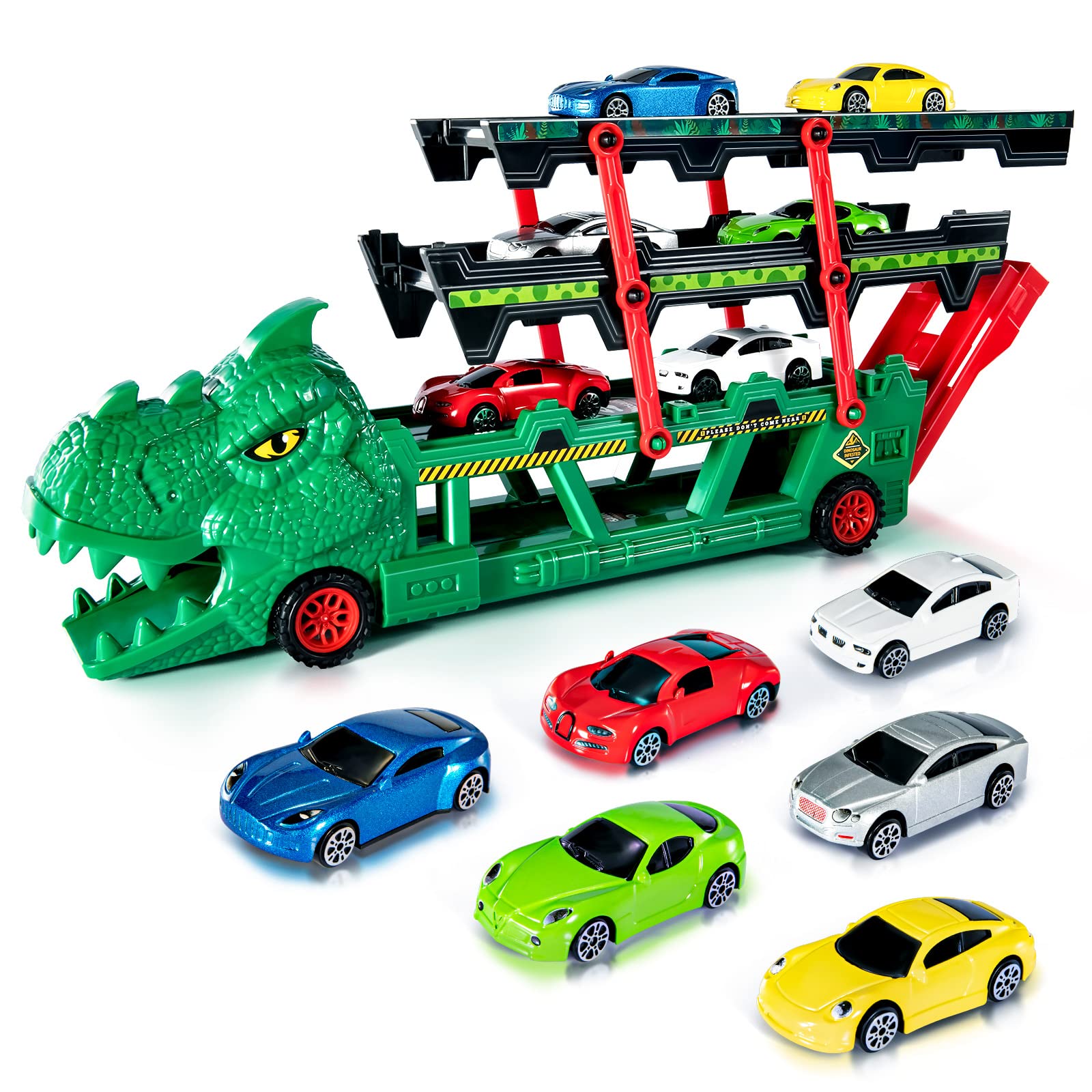TEMI Dinosaur Truck Toy with 6 Diecast Race Cars for 2 3 4 5 6 Years Old Toddler Boys, Dino Storage Carrier with 4 Expandable Le