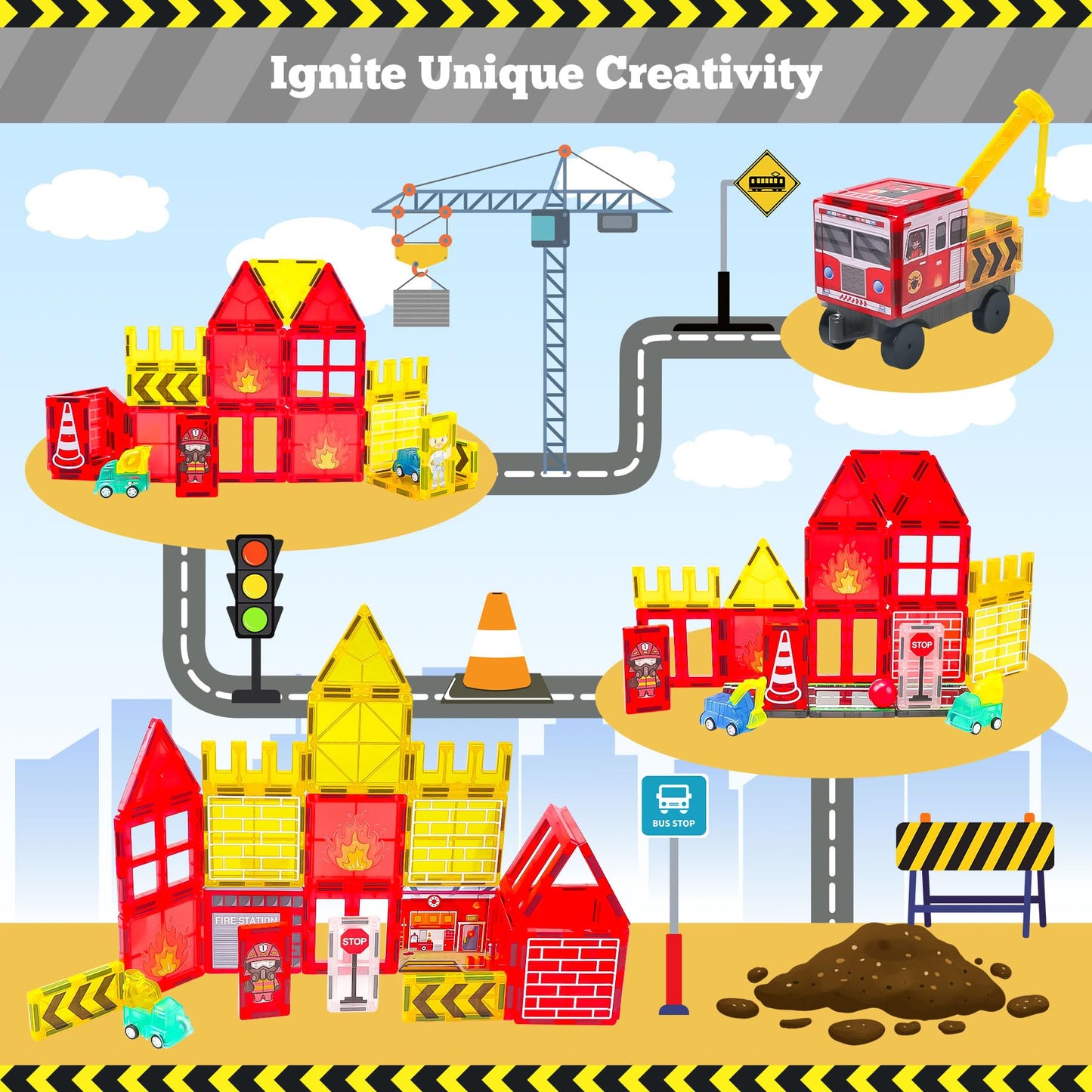 Magnetic Tiles For Kid, Construction Magnet Tiles With Fire Truck & Station, Building, Road, Crane, And Car Toys - Educational T