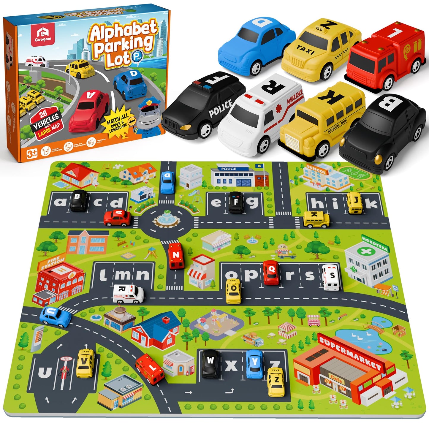 Coogam Alphabet Maze, 26pcs Pull Back Car with Play Mat Preschool Letter Matching Game for 3 4 5 Years Old, Montessori Education