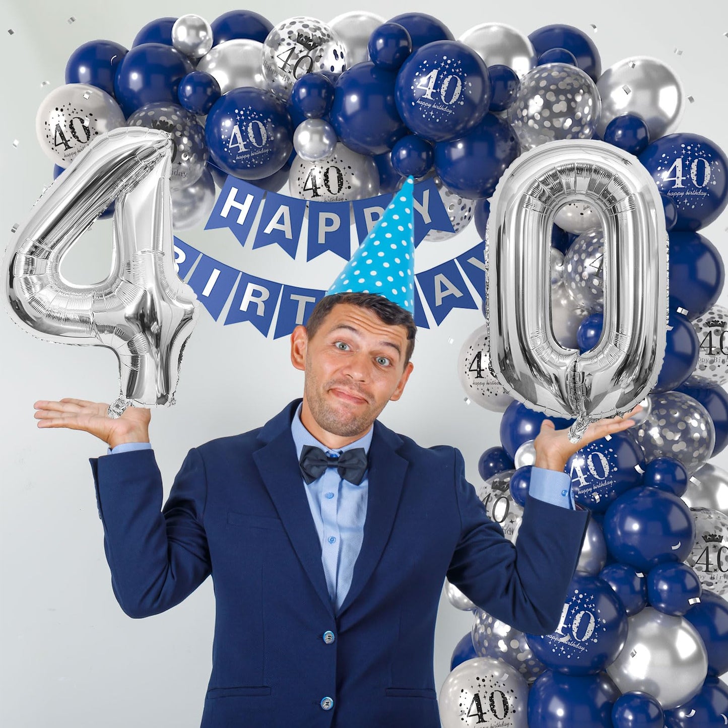 40Th Birthday Decorations Navy Blue Silver,40Th Birthday Balloon Garland Party Decorations With Number 40 Foil Balloons,Happy Bi