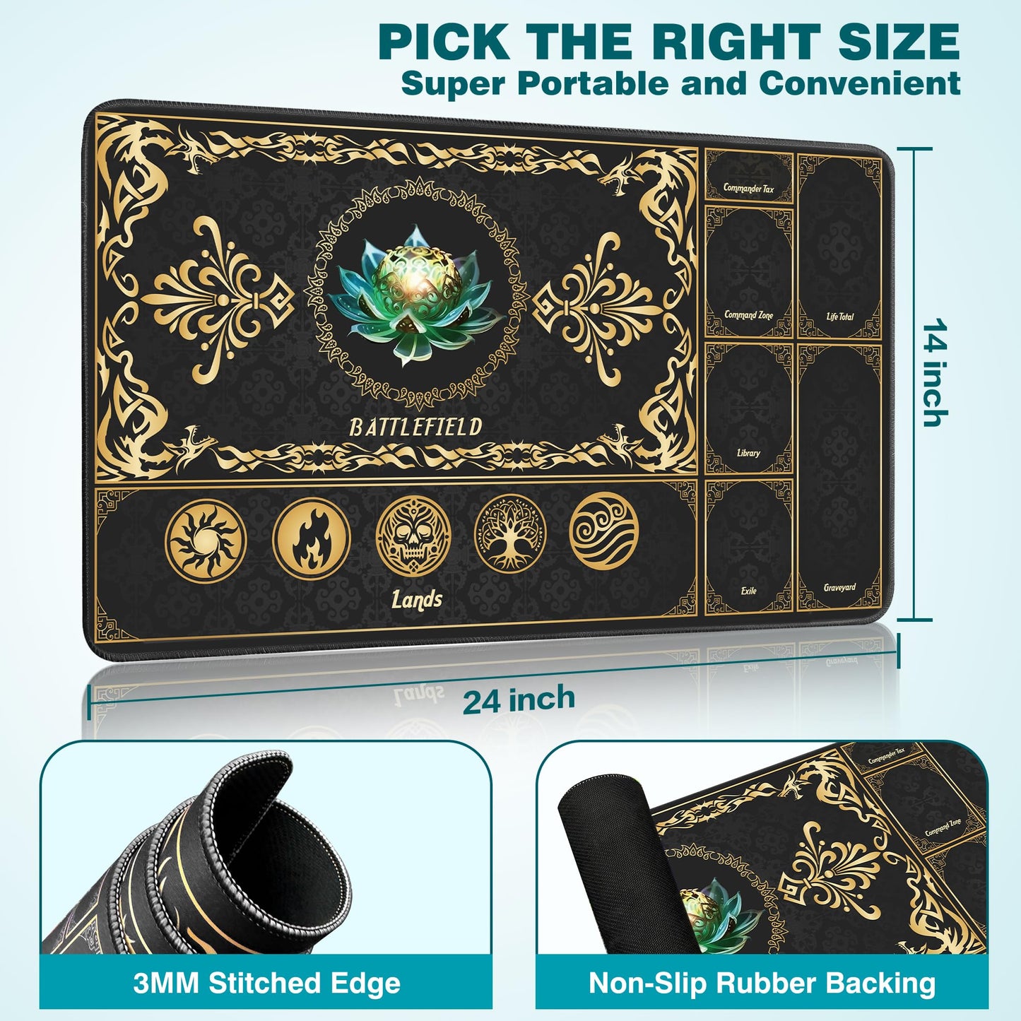 Promaxibinder Mtg Playmat With Magic Zones, 24X14In Playmat For Magic The Gathering, Commander Card Game Battles, Durable & Stai