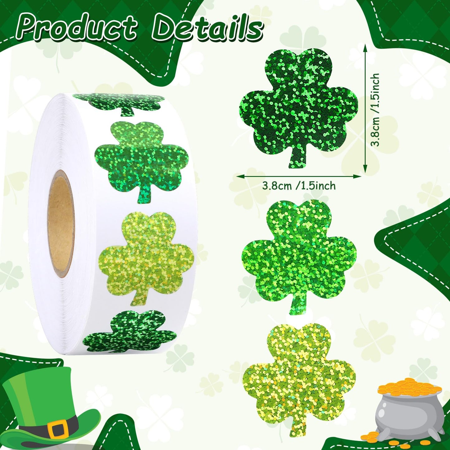 DECYOOL 800 Pcs St Patricks Day Stickers, Glitter Shamrock Stickers Roll Green Sparkly Lucky Stickers Saint Patricks Day Sticker