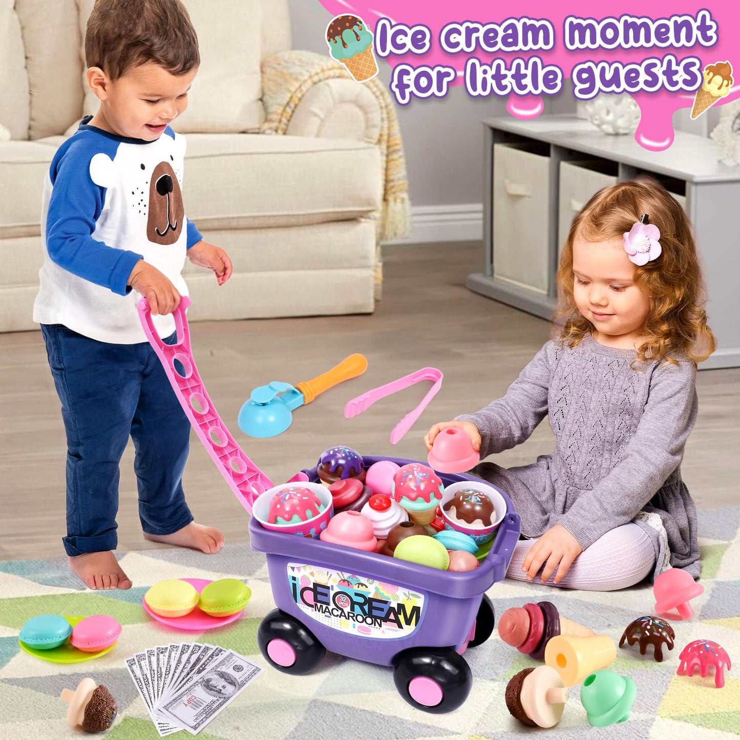 G.C Ice Cream Toys for Kids Toddlers 3-5, 42pcs Ice Cream Cart with Storage Trolley Pretend Play Food, Stack Scoop Serve Sweet T