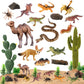 Sienon 32Pcs Desert Animal Figurines Set Model Trees Cactus Kit Desert Diorama Project With Camel Fennec Fox Rattlesnake Scorpion Lizard Reptile Toy Playset For Kids Birthday Cake Toppers Party Décor