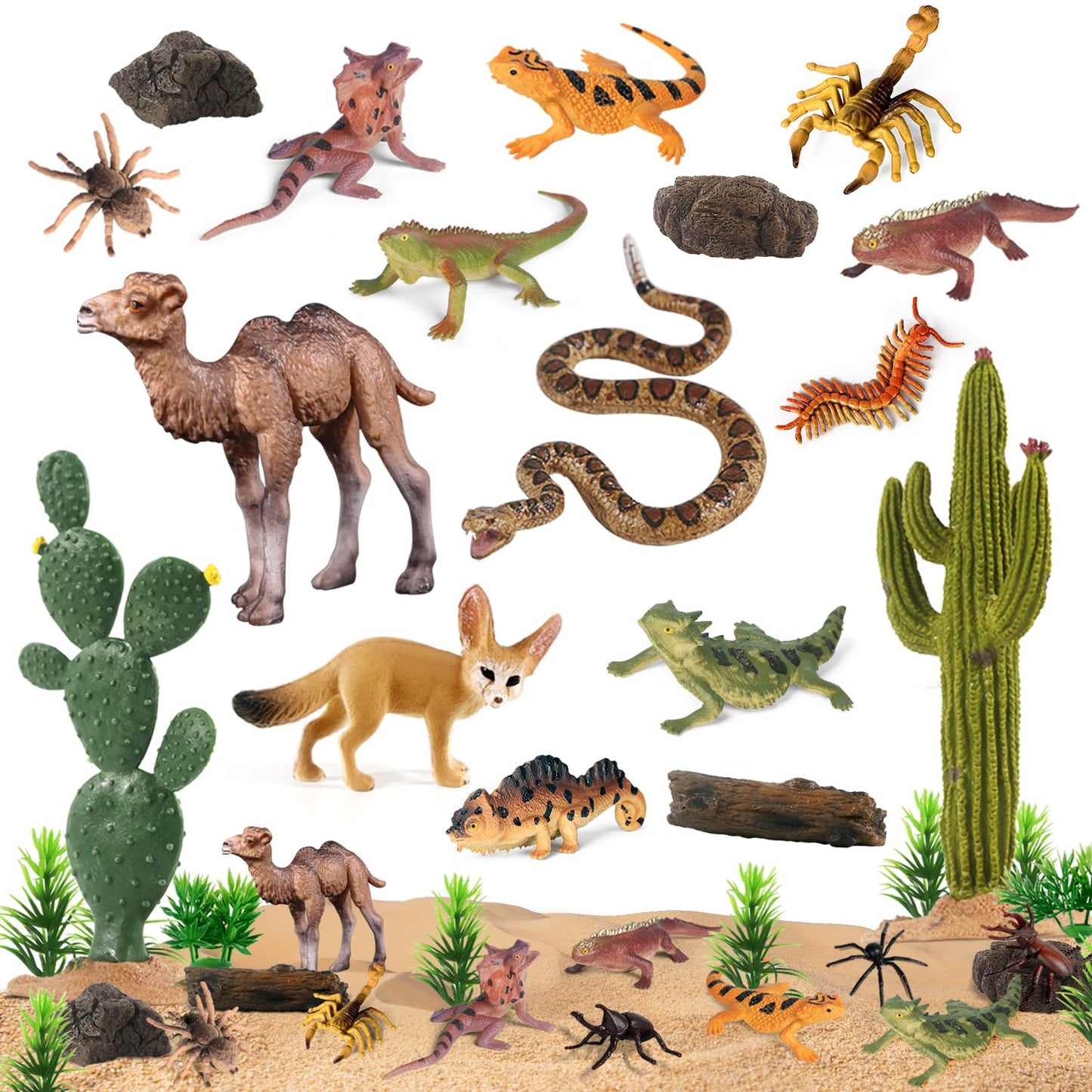 Sienon 32Pcs Desert Animal Figurines Set Model Trees Cactus Kit Desert Diorama Project With Camel Fennec Fox Rattlesnake Scorpion Lizard Reptile Toy Playset For Kids Birthday Cake Toppers Party Décor