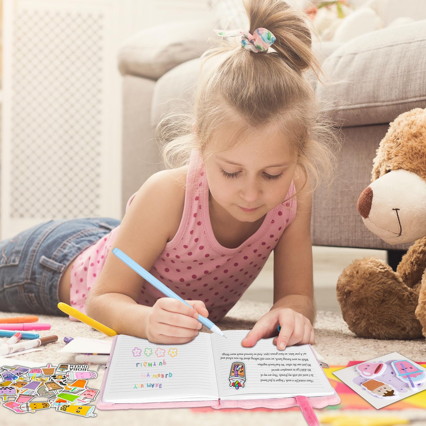 Gift Kit For Girls,Personalized Journal With Lock And Key,Boba Tea Plush Diary For Teen Girls,Fuzzy Diary Kawaii Birthday Gift S