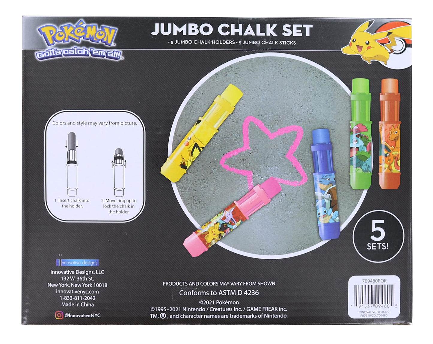 Pokemon Kids Outdoor Sidewalk Chalk Jumbo Chalks Set with Holders
