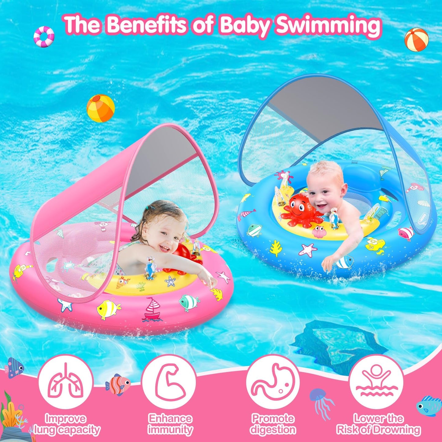 Baby Pool Float With Canopy, Inflatable Baby Swim Float With Upf50+ Sun Protection, Toddler Infant Pool Float With Toy Play Console Adjustable Safety Seat For Kids Girls Boys Aged 6-36 Months