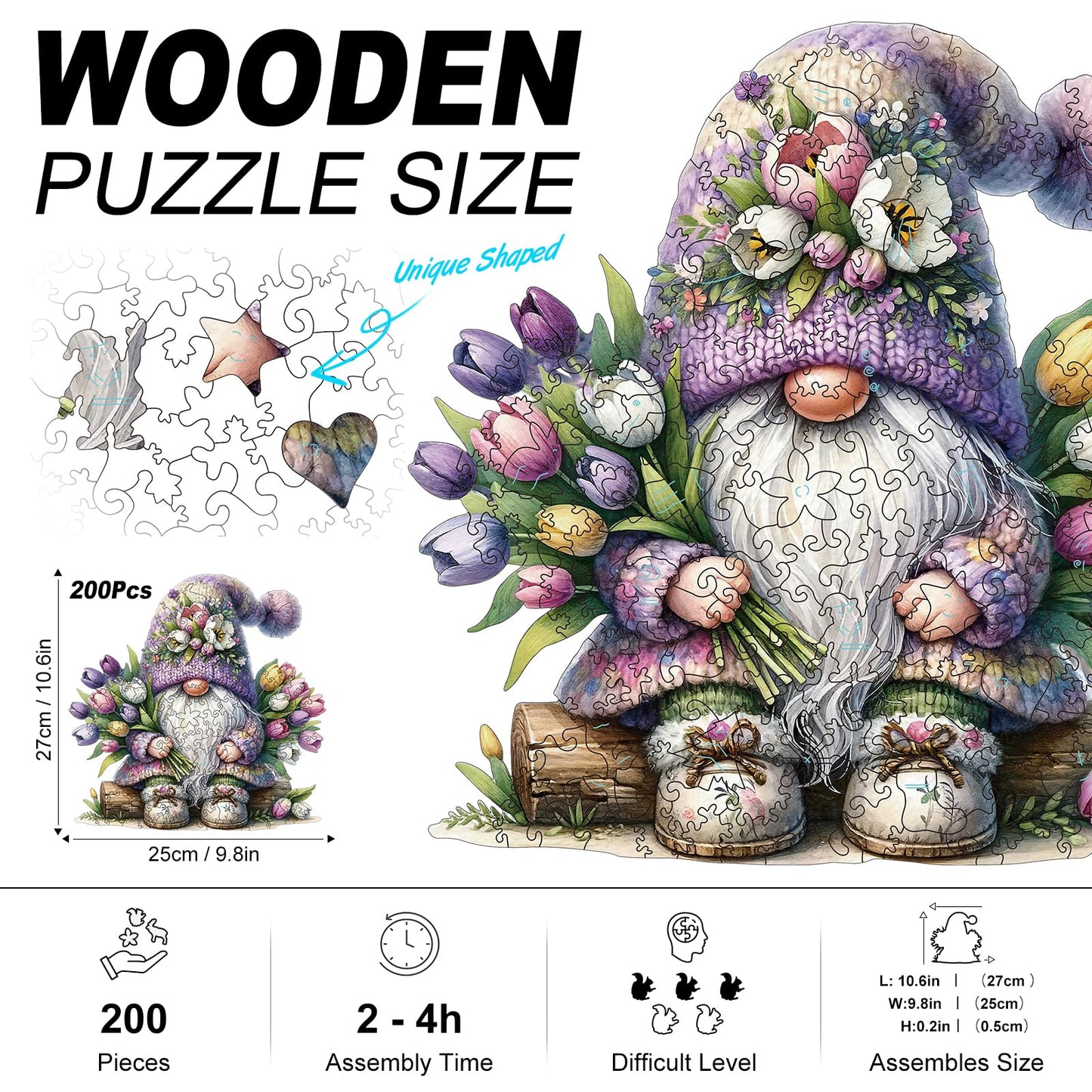 Gnome Wooden Puzzles for mature-themeds  200pcs Wooden Jigsaw Puzzles for mature-themeds  Gnome Flowers Unique Shaped Jigsaw Puzzles Creative Gift for Friend Family Game Medium Size 10.6'' x 9.8''