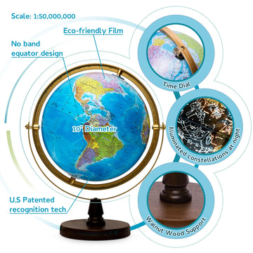 Sjsmartglobe With Interactive App & Led Illuminated Constellations At Night, Us-Patented Stem Education 10' World Globe With Detailed Map