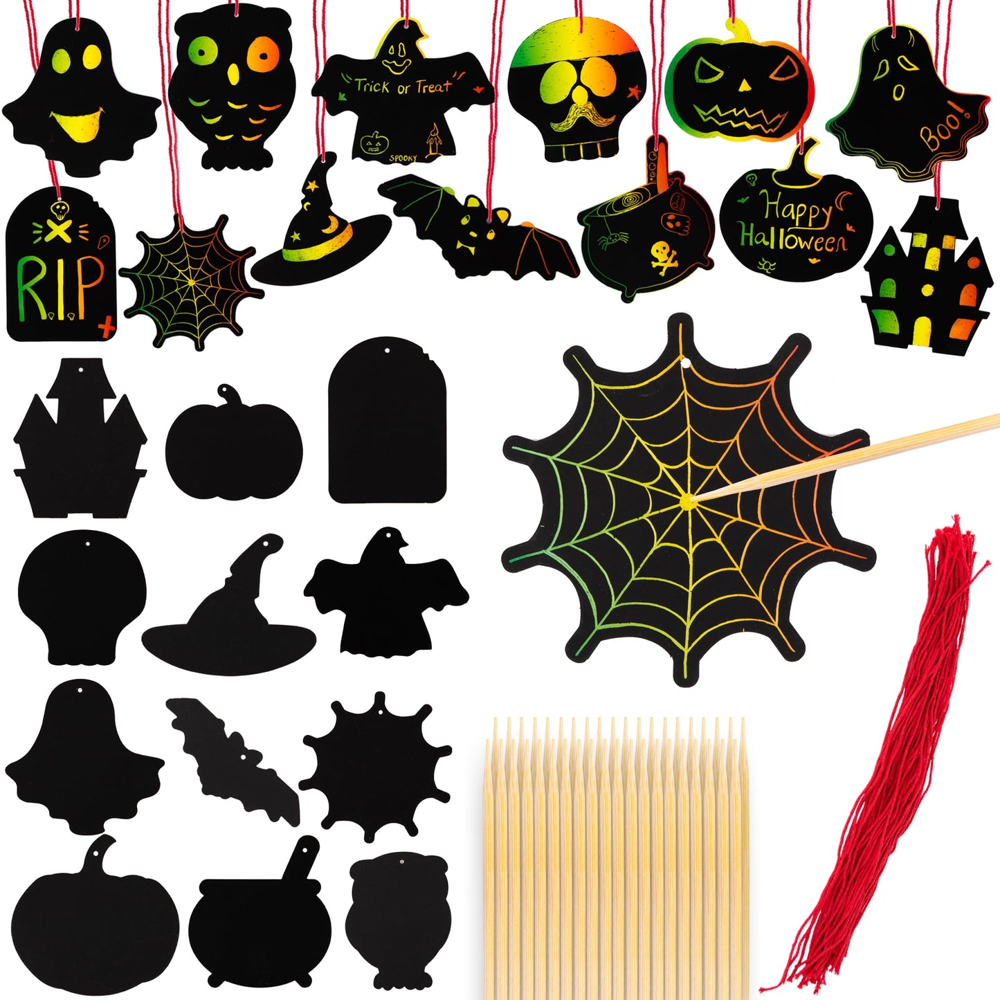 ArtCreativity Halloween Crafts (Bulk) - Scratch Art for Kids, 60 Sets with 60 Designs, 60 Sticks & Red Strings - Magic Colorful 