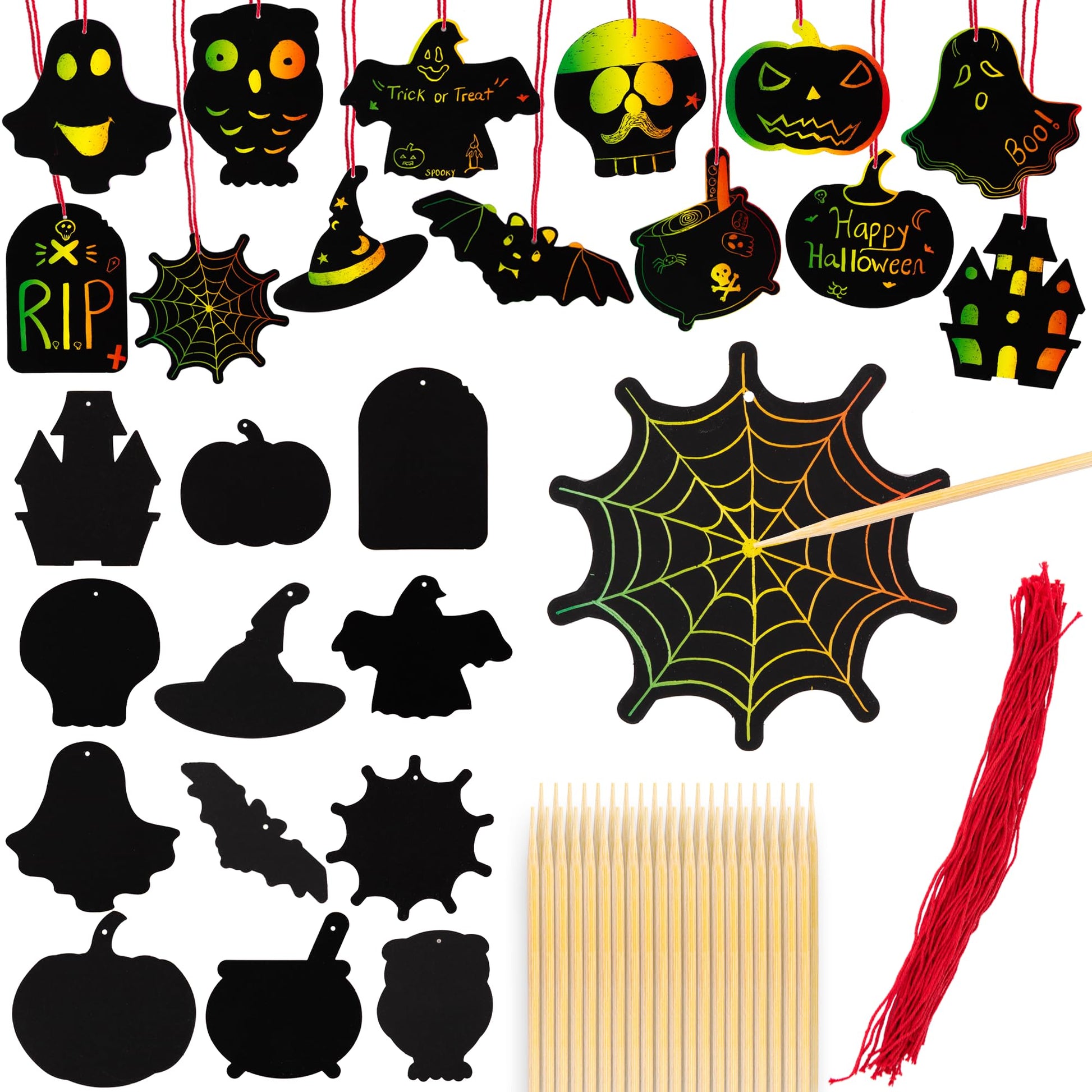 ArtCreativity Halloween Crafts (Bulk) - Scratch Art for Kids, 60 Sets with 60 Designs, 60 Sticks & Red Strings - Magic Colorful 
