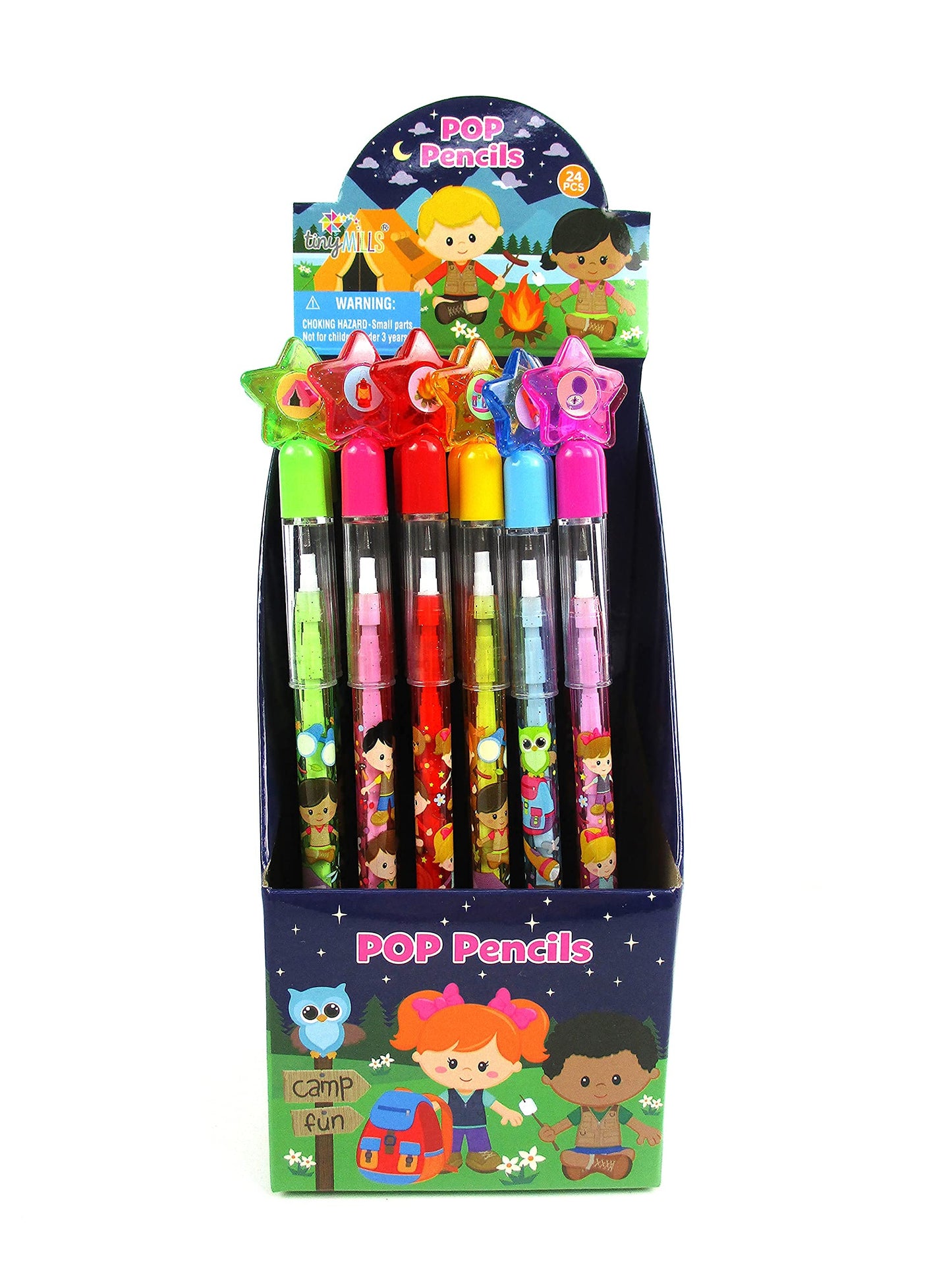 TINYMILLS 24 Pcs Camping Multi Point Stackable Push Pencil Assortment with Eraser for Carnival Prize Goodie Bag Stuffers Party F