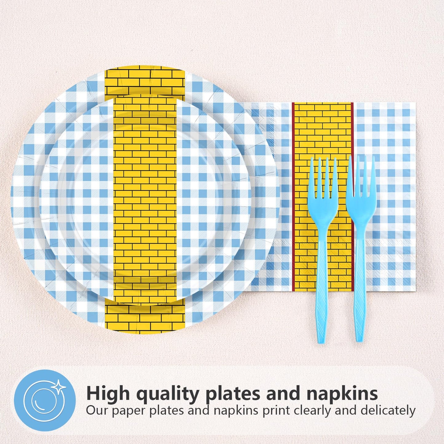 Grencian 96 Pcs Yellow Brick Party Supplies Light Blue Gingham Paper Plates Wizard Party Decorations Tableware for Witch Princes