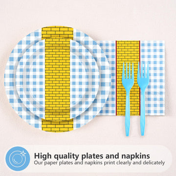 Grencian 96 Pcs Yellow Brick Party Supplies Light Blue Gingham Paper Plates Wizard Party Decorations Tableware for Witch Princes
