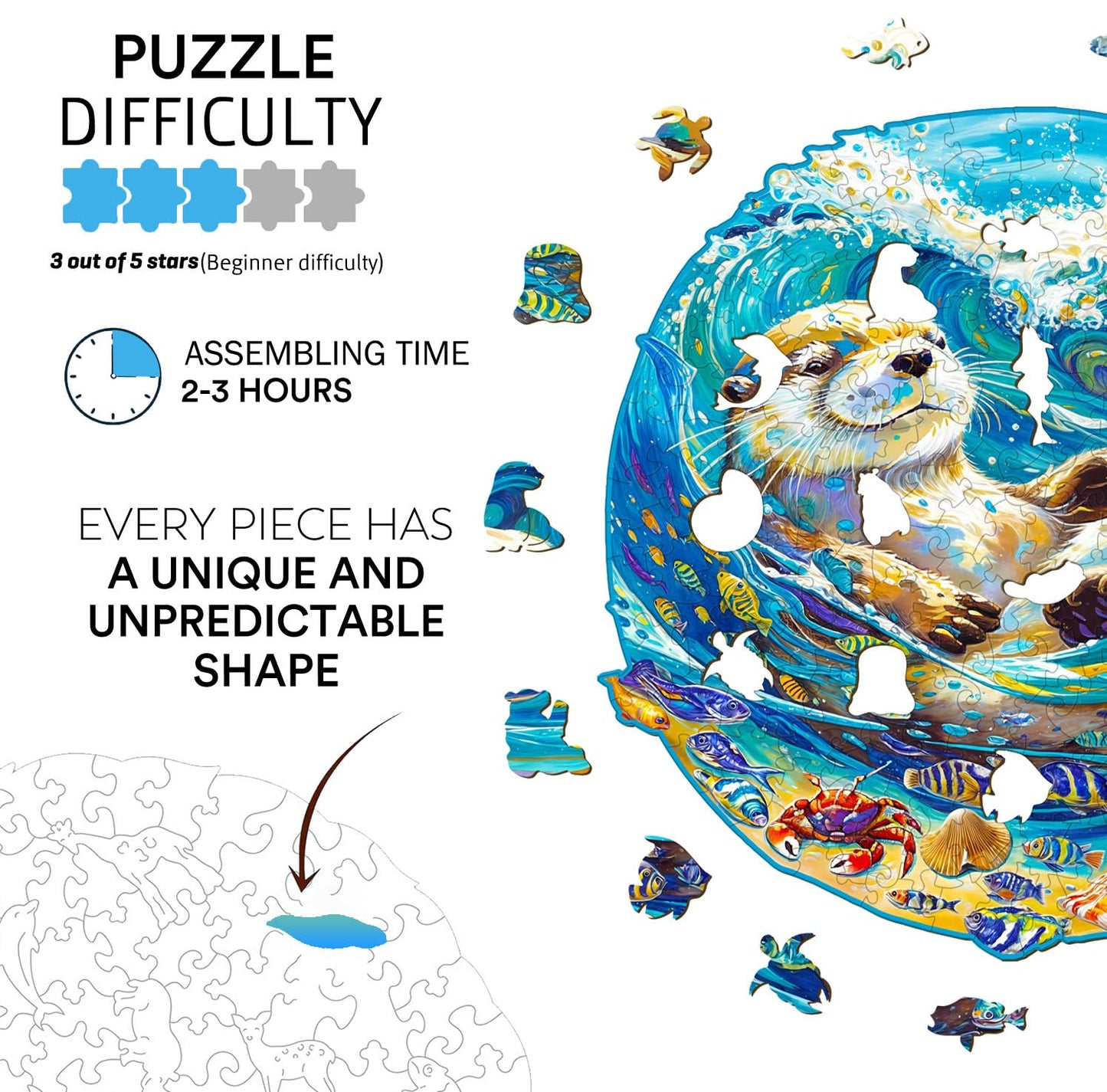 Jigfoxy Wooden Puzzle for mature-themeds  Leisurely Otter Wooden Jigsaw Puzzles for mature-themed  Unique Animal Shape Wood Cut Puzzles  Christmas Thanksgiving Gifts for Friends Family (S-8.5 * 8.3in-100pcs)