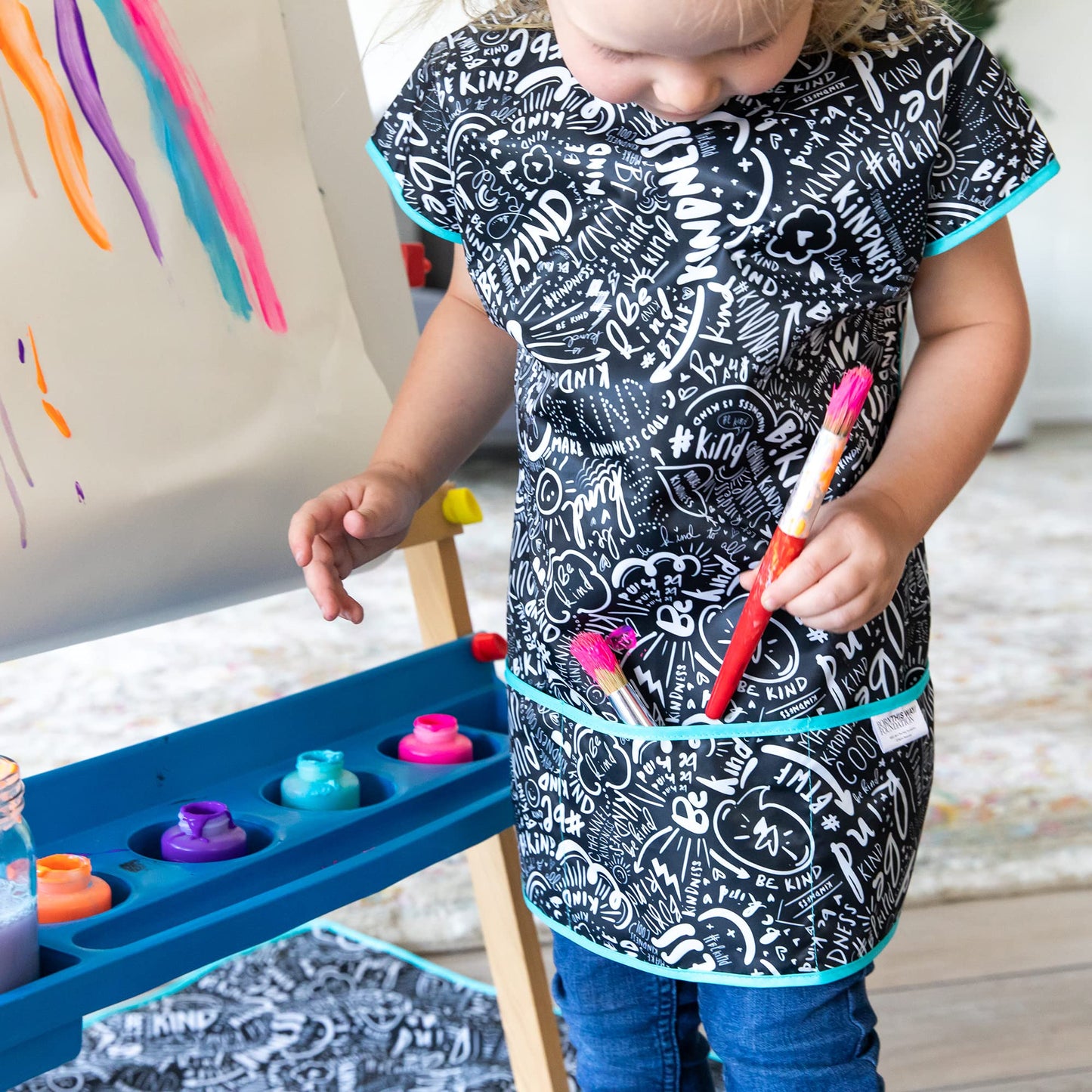 Bumkins Short Sleeve Smock, Toddler Reusable Waterproof Bib For Girls And Boys Age 3-7 Years, Junior Childrens, Kids Paint Apron, Arts, Crafts And Play With Pocket, Soft Fabric, Born This Way Be Kind