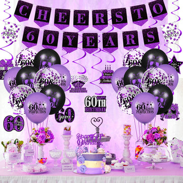 Purple 60Th Birthday Decorations For Women Men Purple Black 60Th Birthday Banner Hanging Swirls 60Th Birthday Balloons Happy 60Th Birthday Cake Topper For Purple Cheer To 60 Years Party Supplies