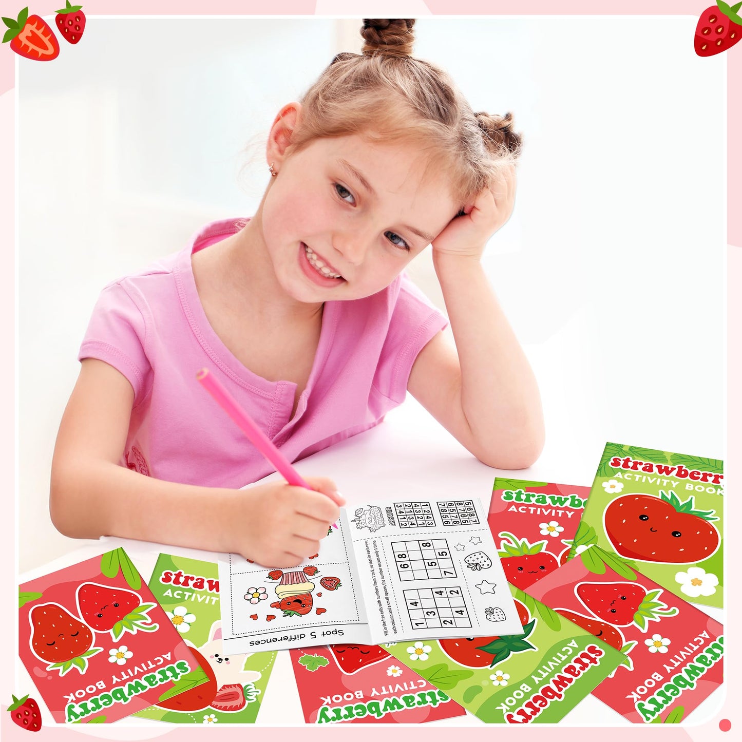 Strawberry Activity Books For Kids - 24Pcs Strawberry Mini Games Coloring Book Set Bulk Fruits Patterns Mazes Word Search Word S