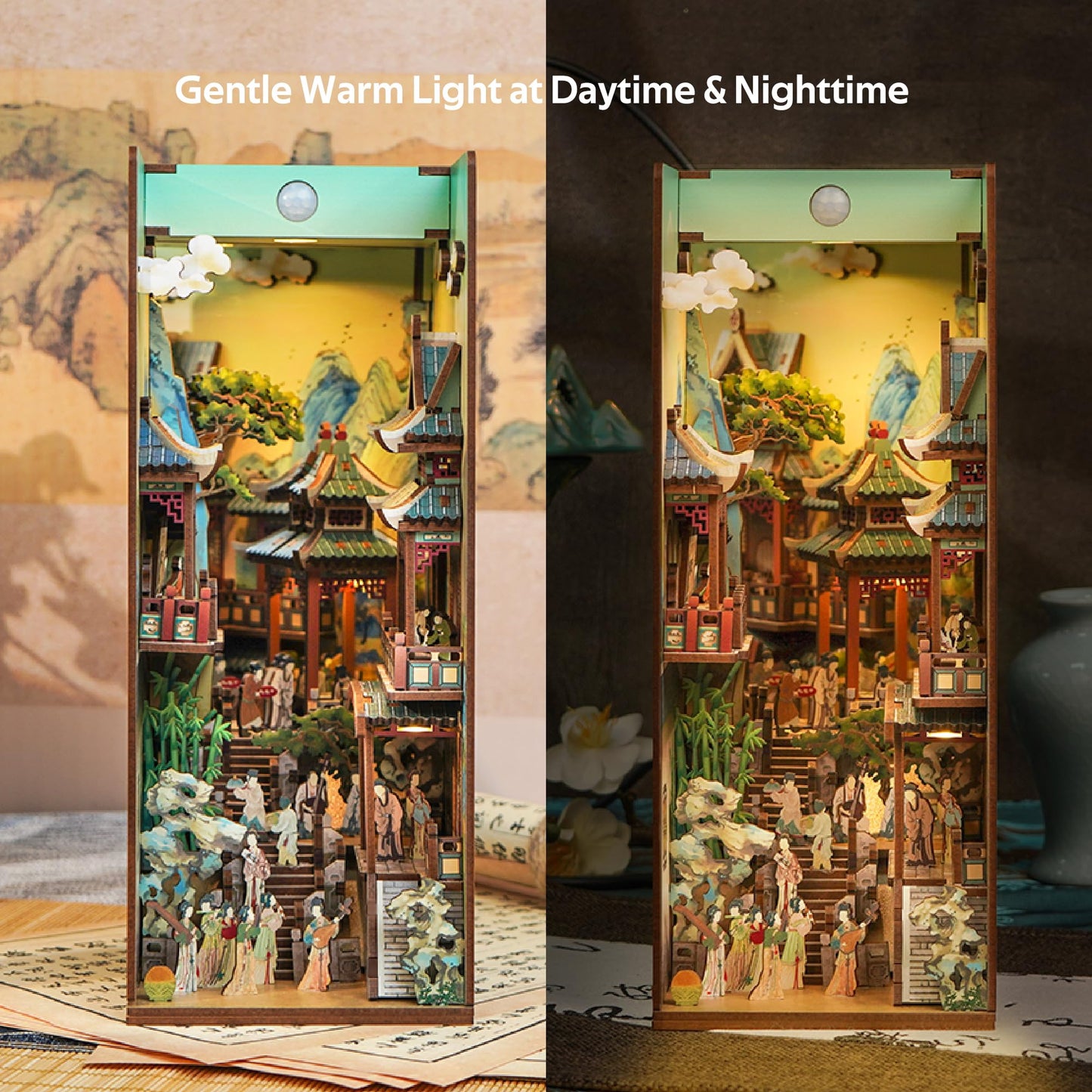 Tonecheer Diy Book Nook Kit For Adults, Wooden 3D Puzzle Bookend Bookshelf Insert Decor, Chinese Booknook Miniature House Kit Wi