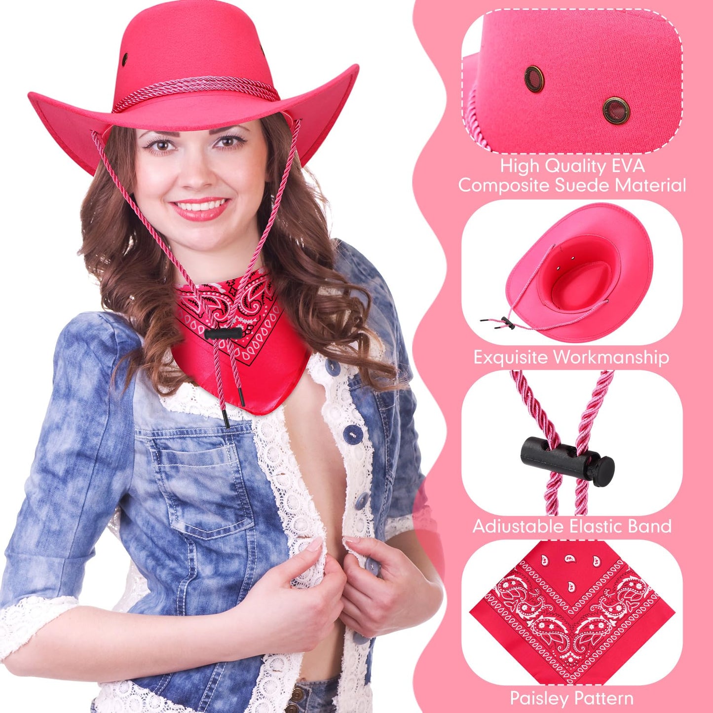 Zhanmai 12 Pcs Cowboy Hat and Bandana Cowboy Cowgirl Hats Bulk Western Party Costume Halloween Accessory(Rose Red,Polyester)
