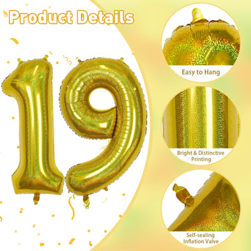 19Th Birthday Laser Gold Balloons, Large Foil Number 19 Balloons For Women Graduation Decor, 40 Inch Self Inflating Globos Dorad