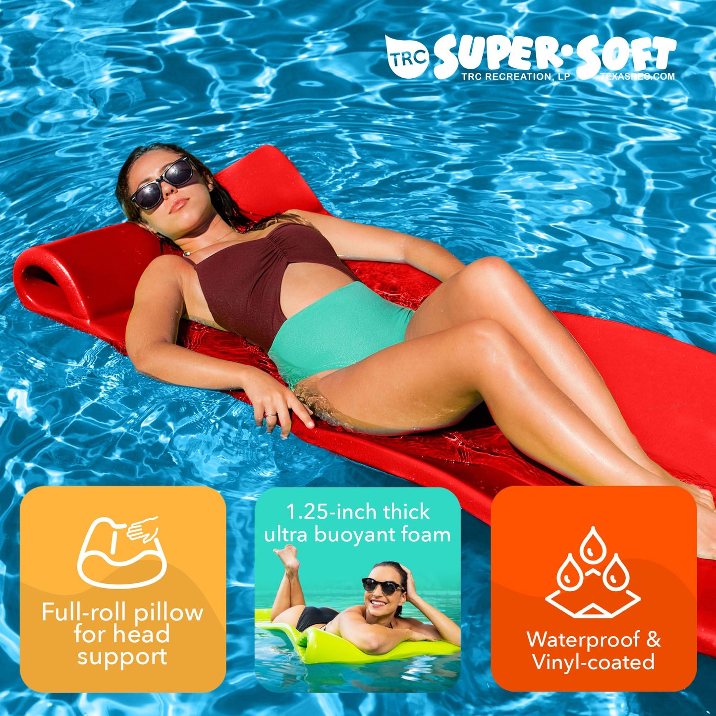 TRC Recreation Splash 1.25 Inch Thick Foam Outdoor Swimming Pool Float Mat Large mature-themed Lounger with Built-in Roll Pillow  Red