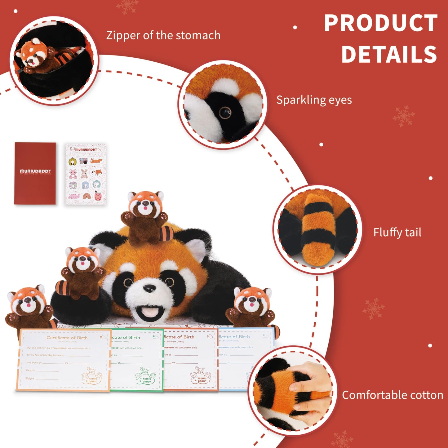 Niuniu Daddy 20'' | 5Pcs Red Panda Weighted Stuffed Animals Family Set, Mommy Red Panda Plush With 4 Babies Toys Inside, Cute La