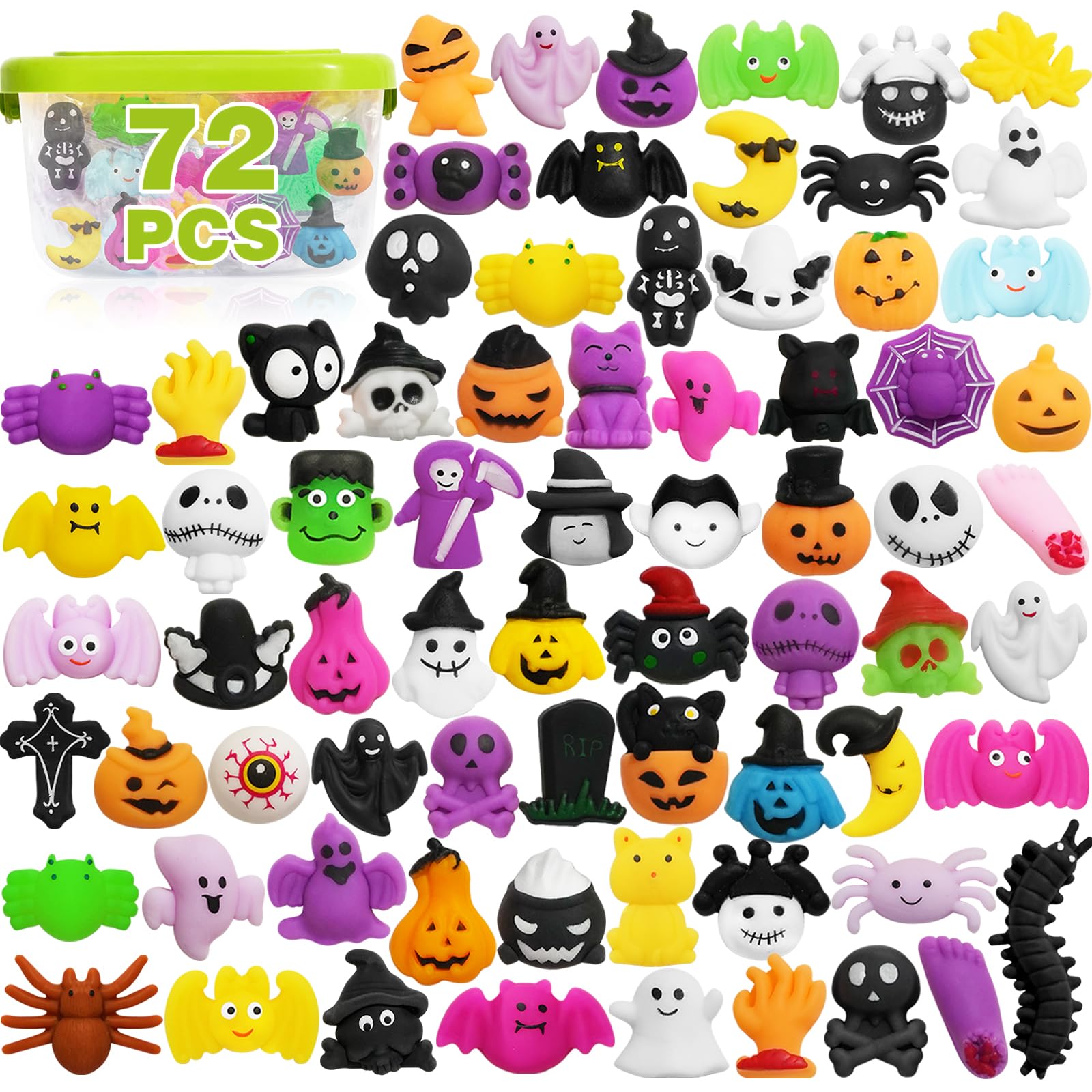 72PCS Halloween Mochi Squishy Toys Bulk  Mochis Squishies for Kids  Halloween Fidget Toys for Boys  Girls  Classroom Party Favors  Basket Goodie Bags Stuffers  Treasure Box  Trick or Treat  Gifts