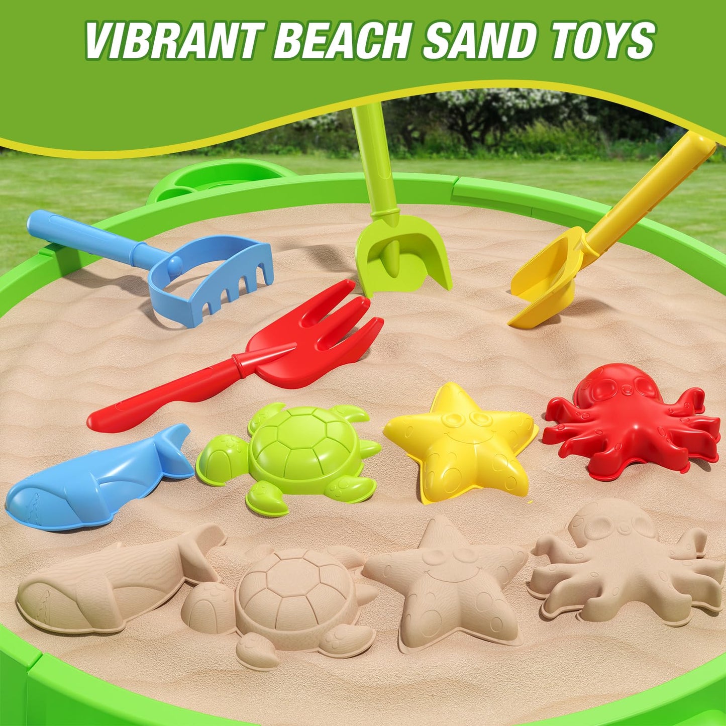 Wee Wonders Turtle Sandbox With Lid & Adjustable Umbrella, Sand Box With Cover Incl 8 Beach Toys, Kids Sand Activity Suit For Se
