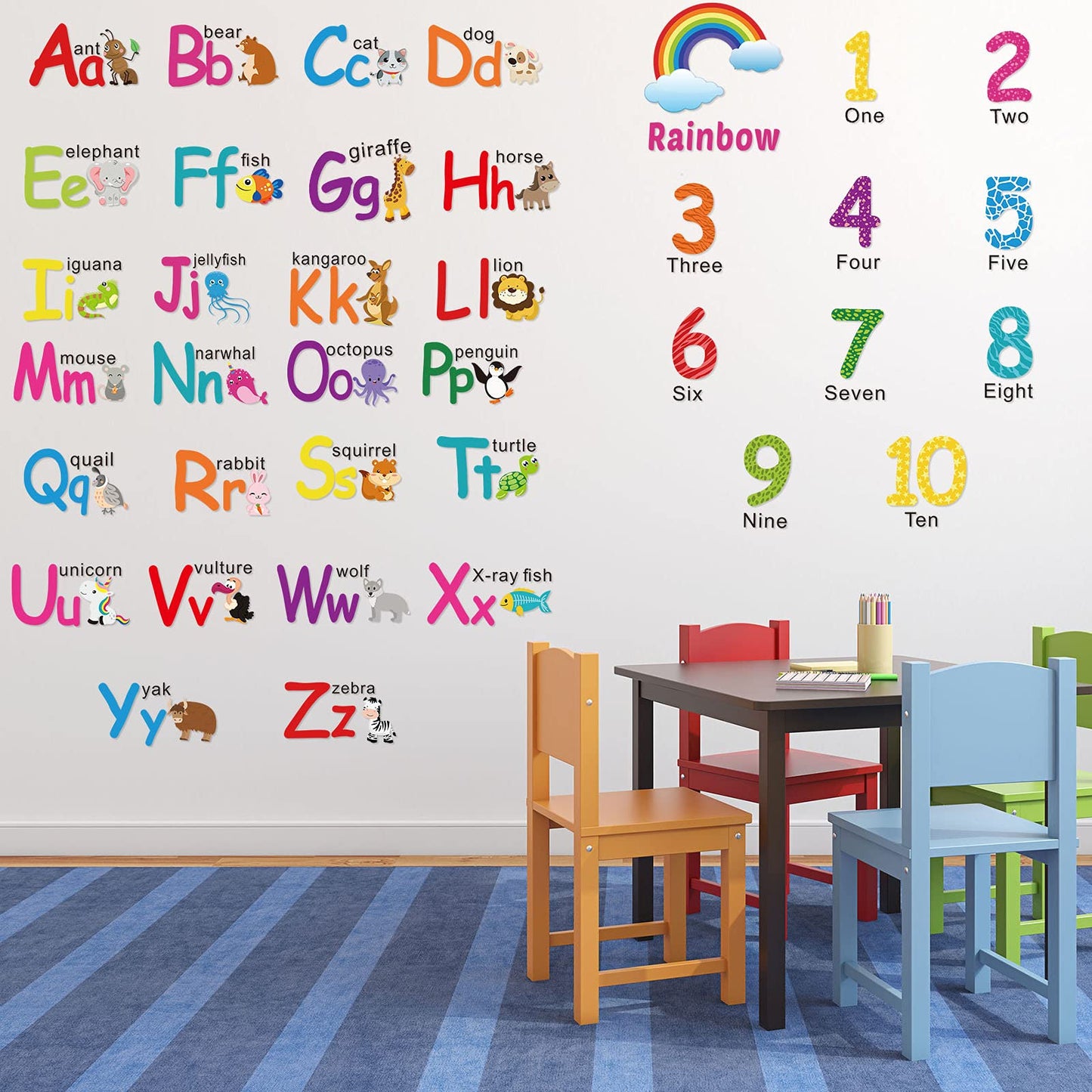 Outus Alphabet Wall Decals - 6 Sheets Peel and Stick Educational Stickers, Assorted Color, Vinyl for Kids' Playroom and Classroom Decor