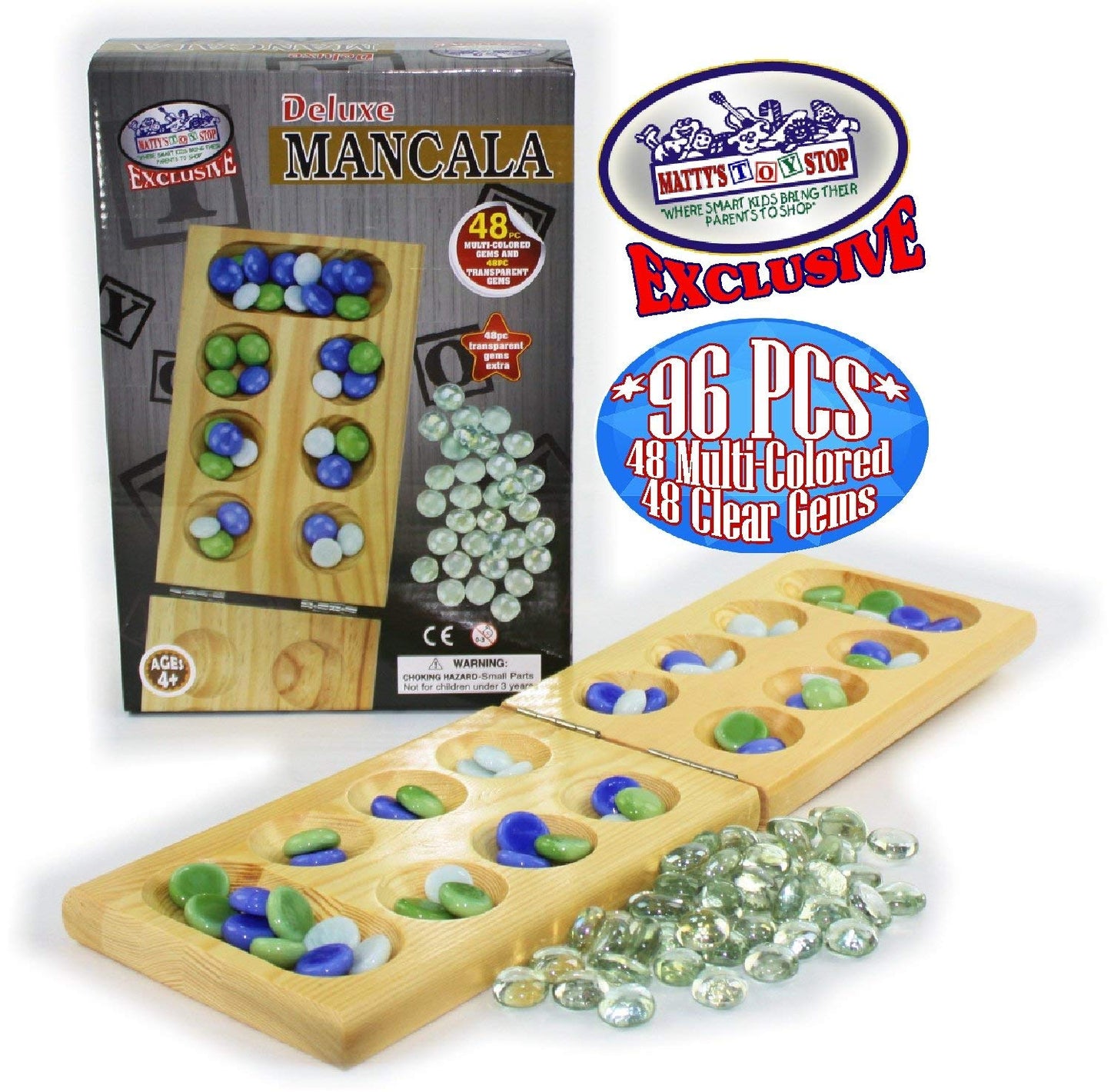 Matty'S Toy Stop Deluxe Solid Wood Folding Mancala Game With 48 Multi-Colored Gems And 48 Clear Gems (96 Gems Total)