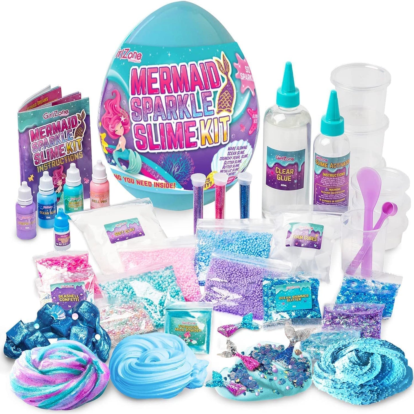Girlzone Egg Surprise Mermaid Sparkle Slime Kit, 39 Pieces To Make Glow In The Dark Slime With Glitter Slime Add Ins, For Girls 8-12, Ideal Easter Gifts For Kids