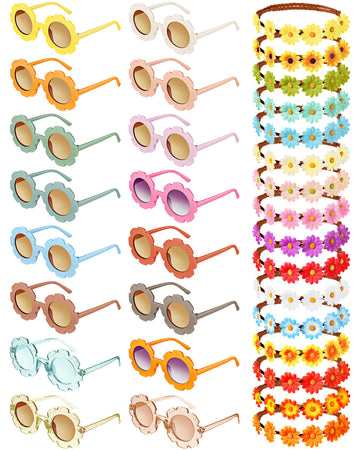Chengu Retro Flower Sunglasses Daisy Flower Headbands Set Groovy Party Decorations Hippie Party Favors (Bright Style, 32 Pieces)