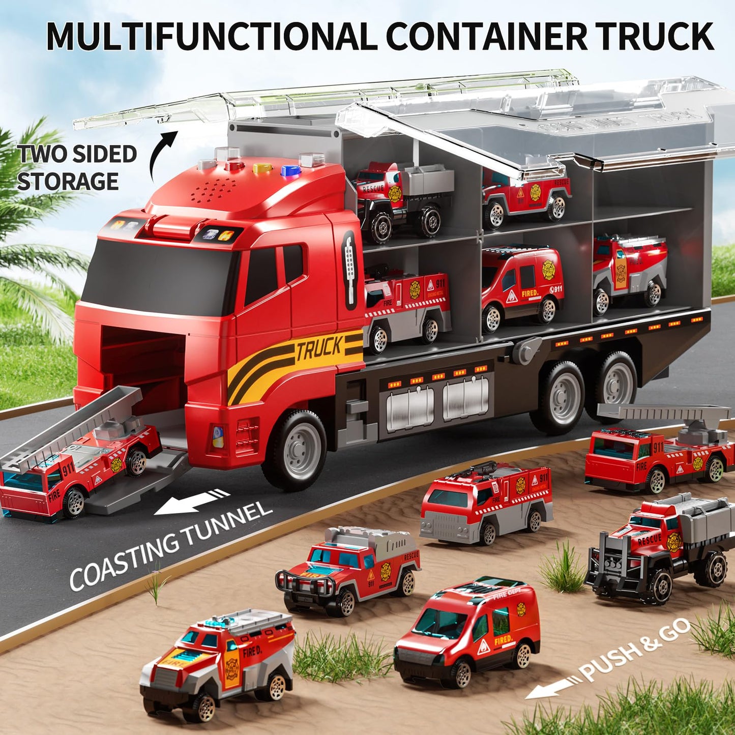 NIPLOOOW Toddler Boys Toys for 3 4 5 6 Years Old, Fire Truck Vehicle Toy Set with Play Mat, Die-Cast Toy Car Carrier Truck for B