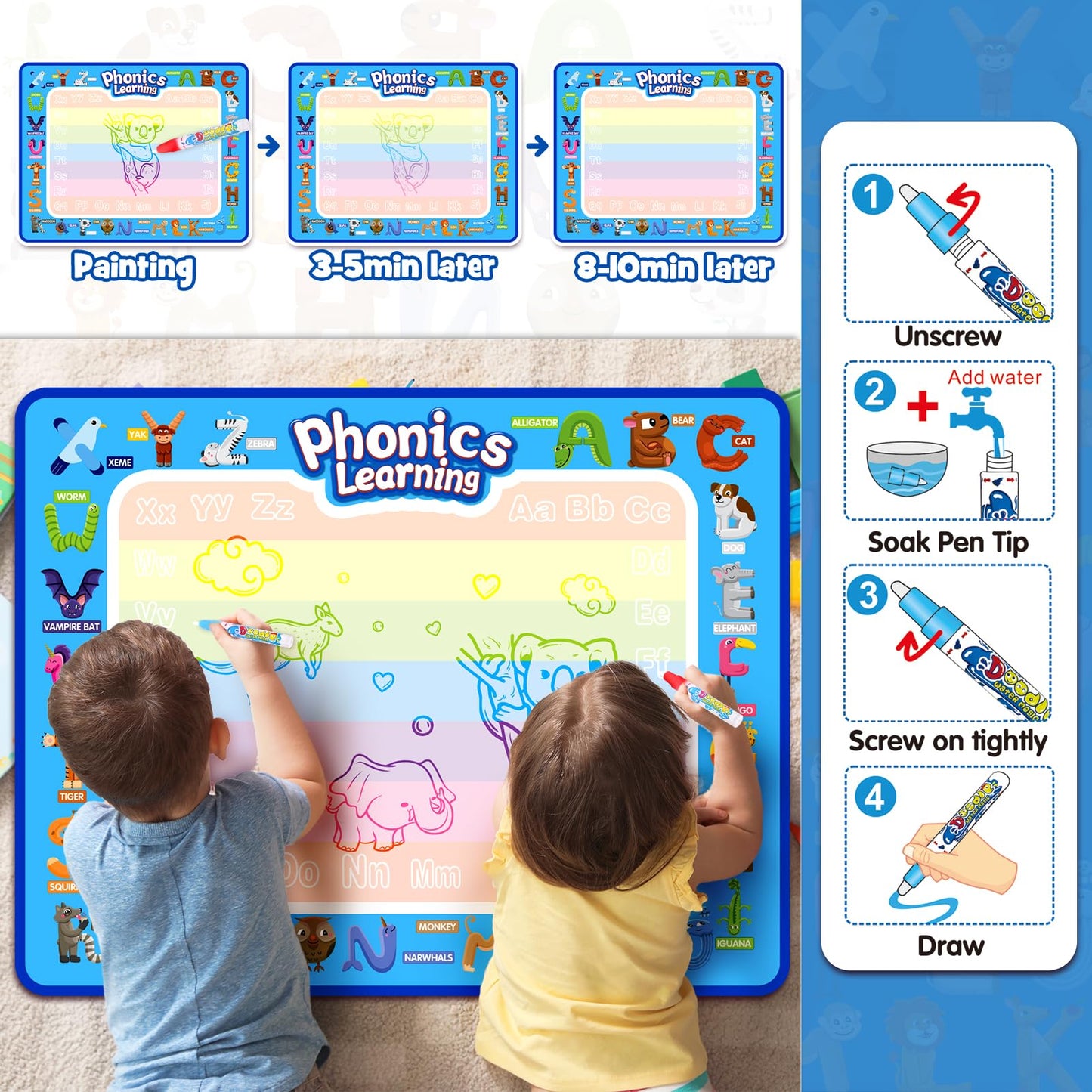 Toddler Toys For 2 3 4 5 Year Old Kids Boys Girls, Water Doodle Mat For Toddlers 2-5 Preschool Educational Learning Toys Halloween Birthday Easter Basket Stuffers Gift For 2-8 Year Old Boys Girls Blue