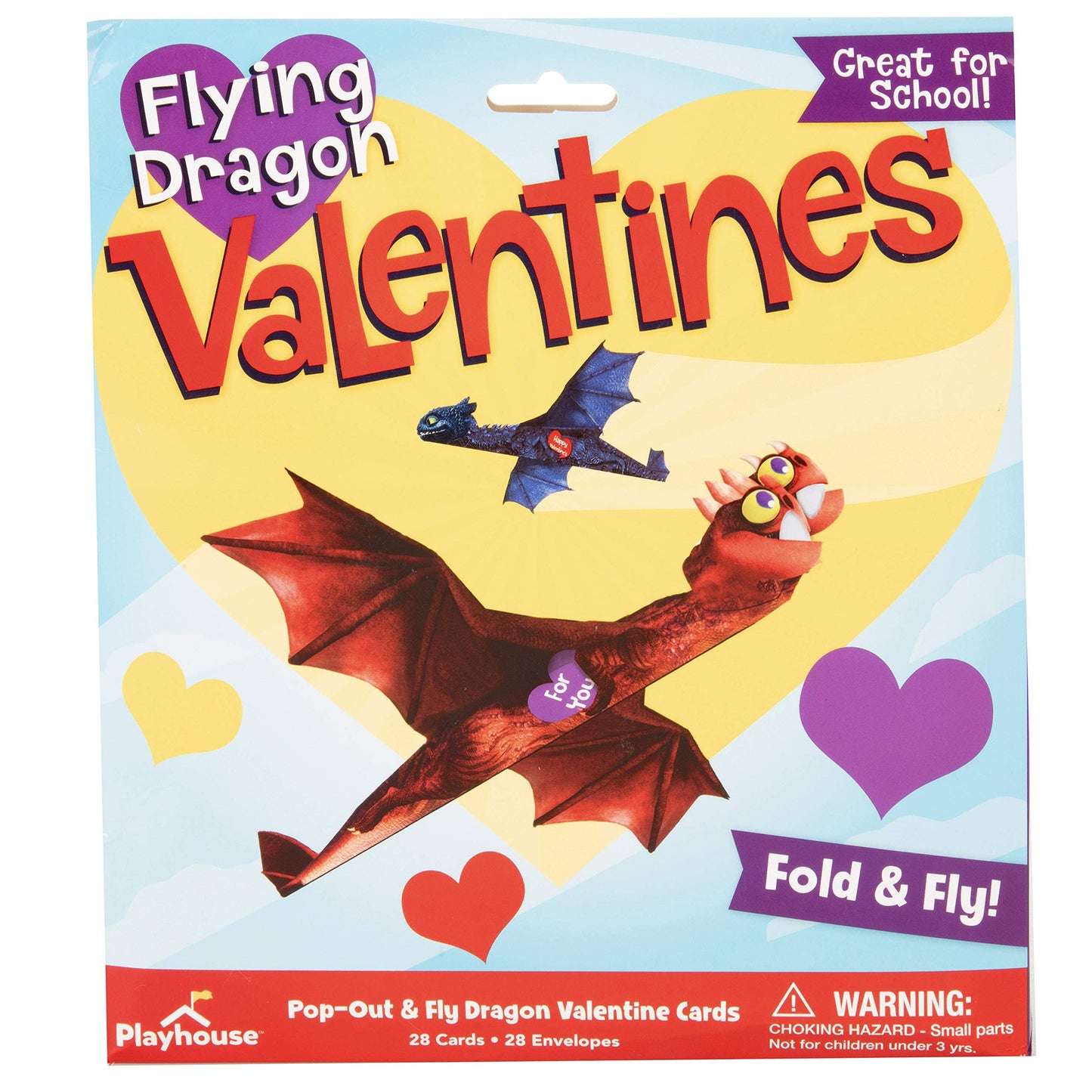 Playhouse Flying Dragons Valentines Day Card Set for Kids, 28 Card Pack & Envelopes - Fold and Fly Paper Airplanes - Great for