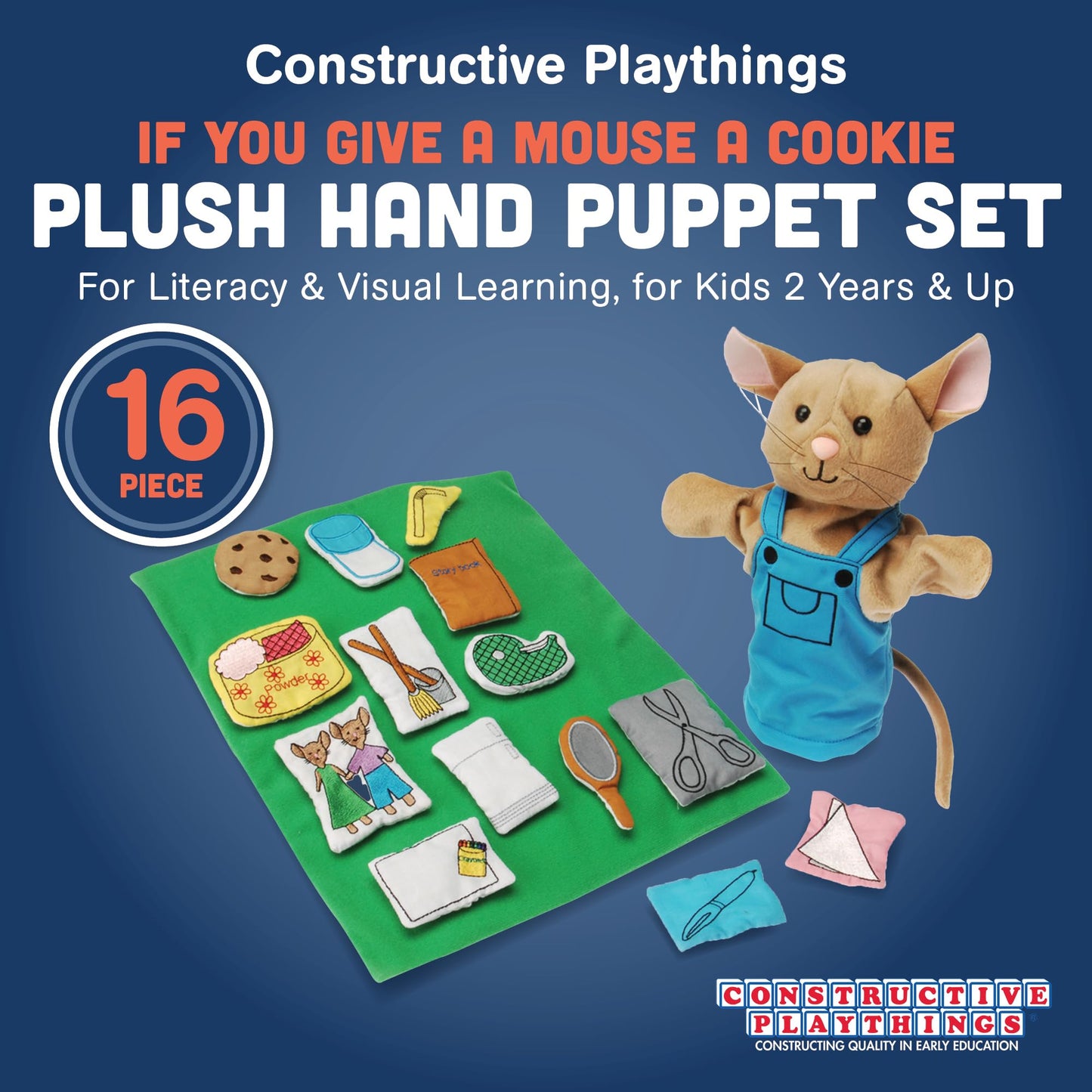 Constructive Playthings Plush Hand Puppet Set - If You Give a Mouse a Cookie, 16-Pieces for Literacy & Visual Learning, Fabric, Model MTC-325