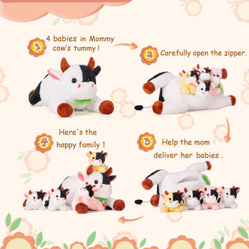 Ikasa Mommy Cow Stuffed Animal Mom And Baby Plush,Cute 17' Soft Small Fluffy Mama Family Set Cuddly Huggable Toy With Little Mini Babies