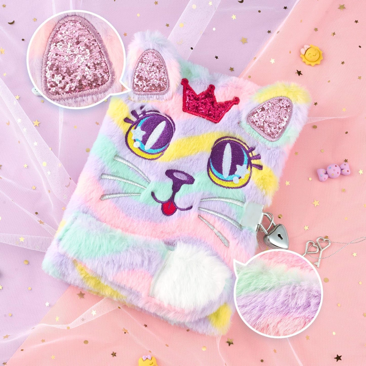 Wernnsai Plush Cat Diary With Lock And Keys - Girls Journal With Lock Diary For Girls Kids Gift Birthday Christmas Valentine School A5 Kids Journal Secret Diary Writing Drawing Notepad