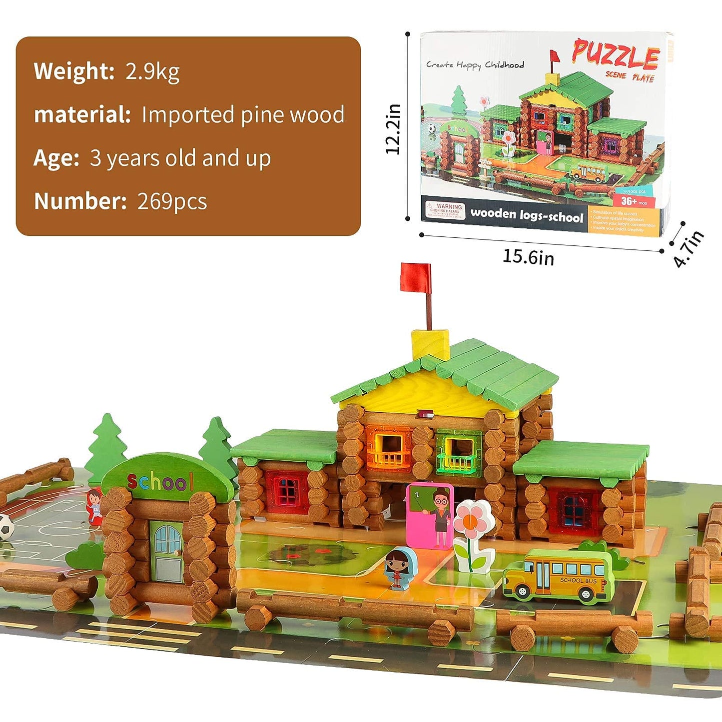Wondertoys 269 Pieces Real Wood Logs Set Ages 3+, Classic Building Log Gift Set For Boys/Girls– Creative Construction Engineering - Top Blocks Game Kit - Preschool Education Toy