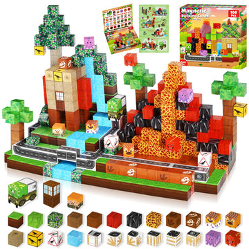 Goody King Dinosaur Volcano Magnetic Block World |100Pcs Dinosaur Magnetic Block Cubes,Stem Montessori Sensory Toys For Toddlers Kids Boys Girls Ages 3-5 6-8 Christmas Birthday Gifts