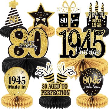 Tevxj 9PCS 80th Birthday Decorations - Vintage 1945 Honeycomb Centerpieces for Tables, Perfect for Men and Women, 80th Birthday Party