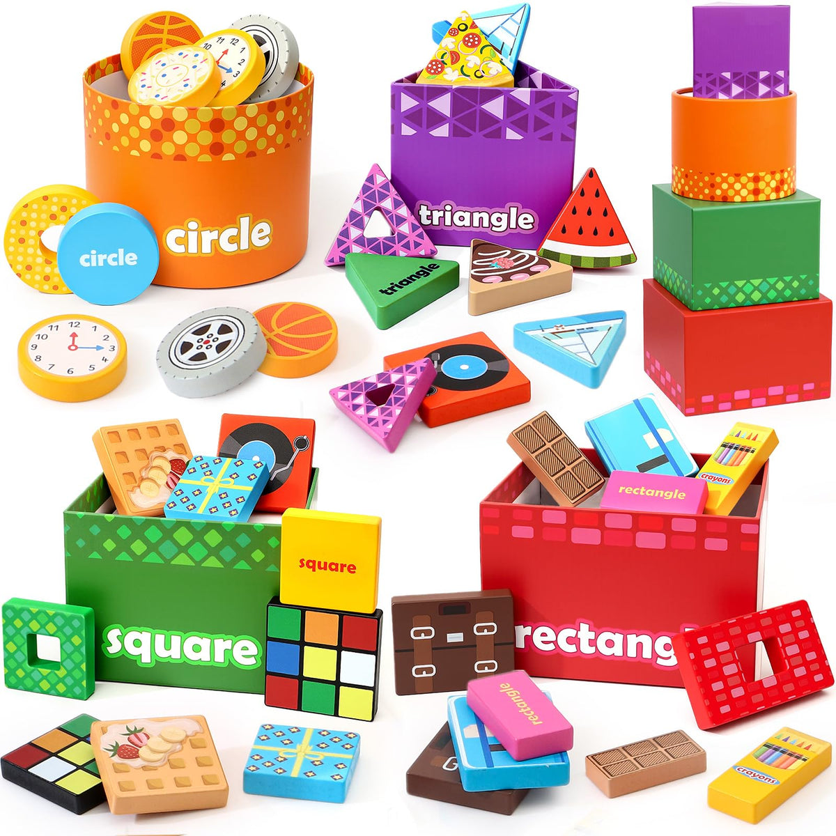 Atoylink Montessori Toys Shape Sorter for Kids, Wooden Stacking Blocks Nesting Boxes Baby Everyday Objects Shape Sorting Toys Ma