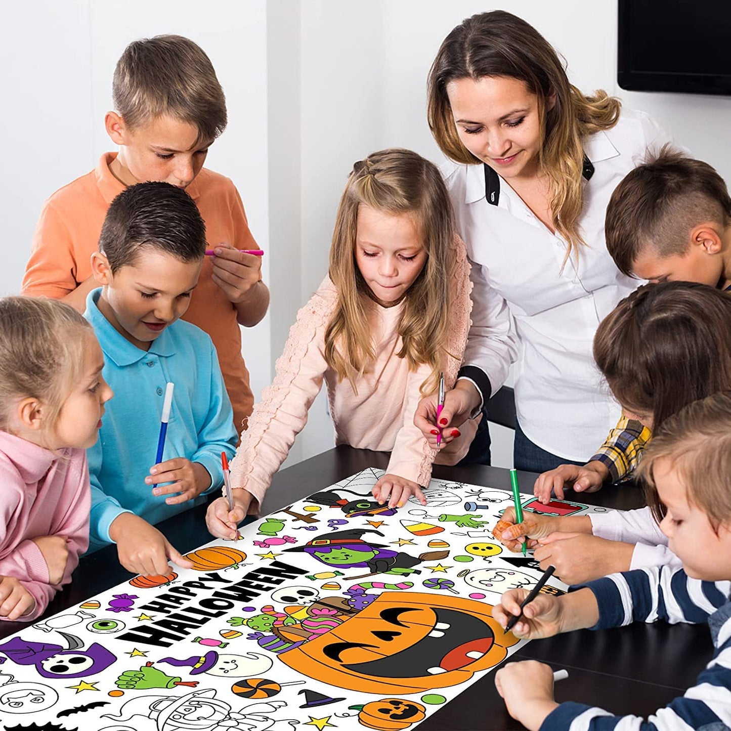Haooryx Giant Halloween Theme Coloring Poster 4.6 x 2ft Jumbo Paper Happy Halloween Coloring Blank Banner with Pumpkin Witch Col