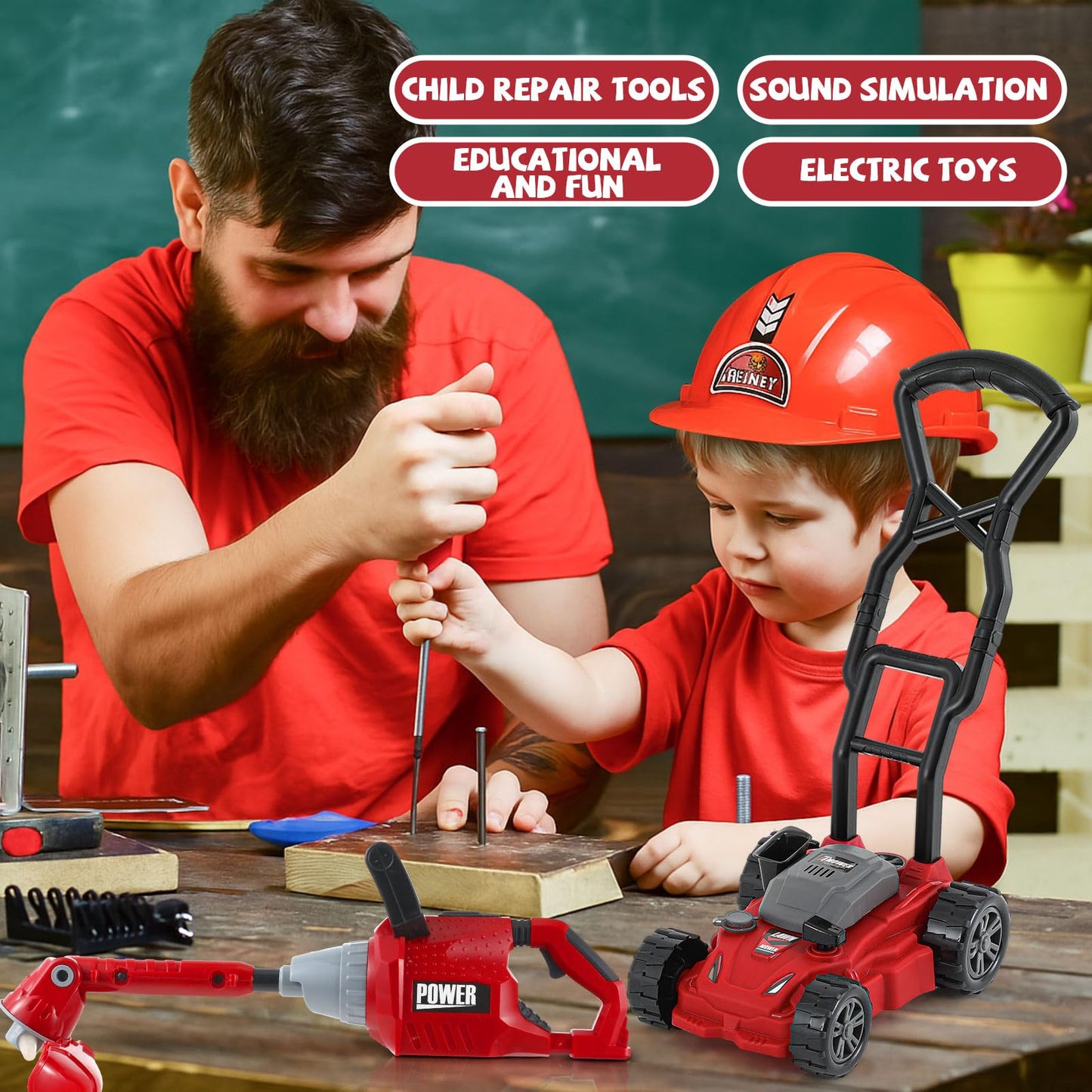 Arrowbash 4 Pcs Toy Gardening Tool Set for Kids Toy  Trimmer Chainsaw Hedge Trimmer Push Lawn Mower Battery Role Play Set Christmas Birthday Party Gift for Boys Girls