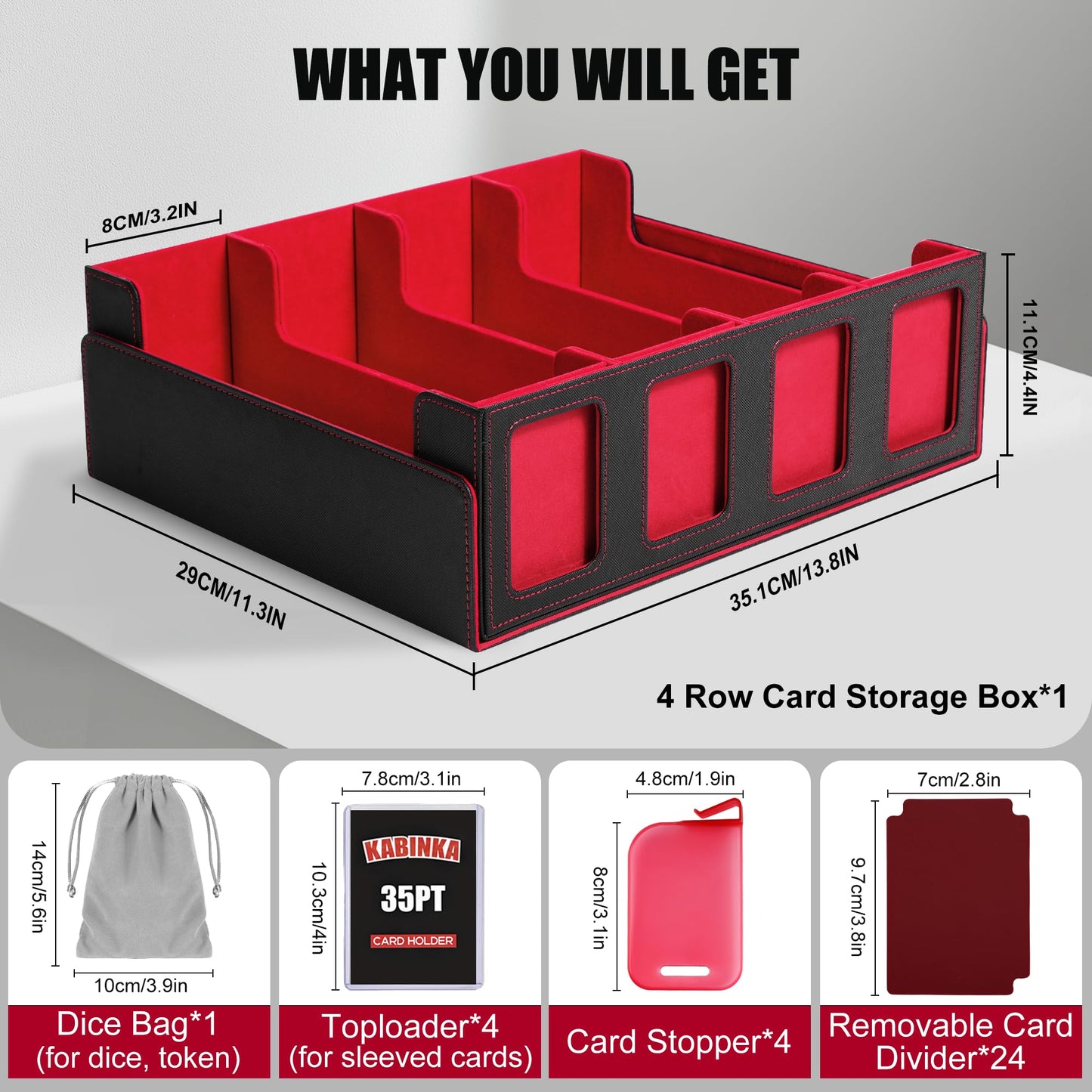 Kabinka Trading Card Storage Box with Commander Display  4-Row Deck Case with Removable Lid; 2400+ Card Deck Box for MTG TCG Sports Card  4 Toploaders  4 Stoppers  24 Dividers 1 Dice Bag (Black Red)